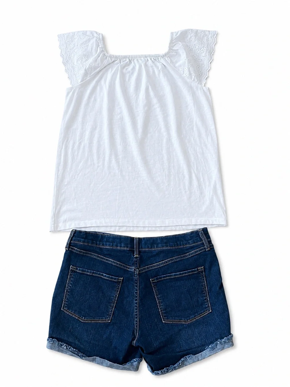 Cat & Jack White Eyelet Flutter Sleeve Top +Old Navy Denim Shorts Girls XL 14-16